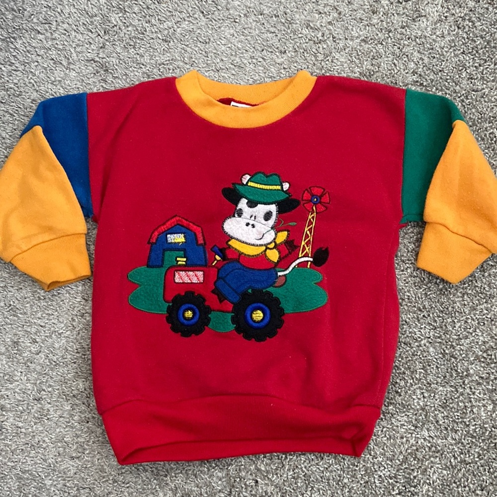 Vintage color block 1993 farmer cow pullover
